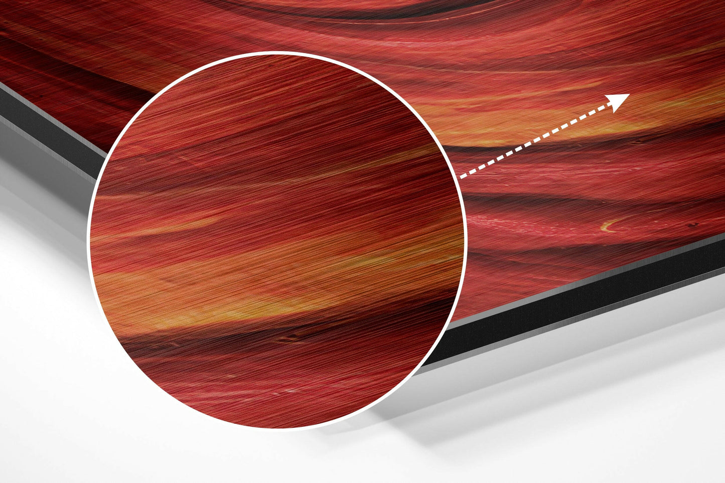 Three-dimensional perspective view of red brushed aluminum Dibond panel with white border and directional arrow graphic.