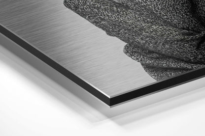 Close-up angled view of brushed aluminum Dibond panel with black textured goat head design in upper right corner against white background.
