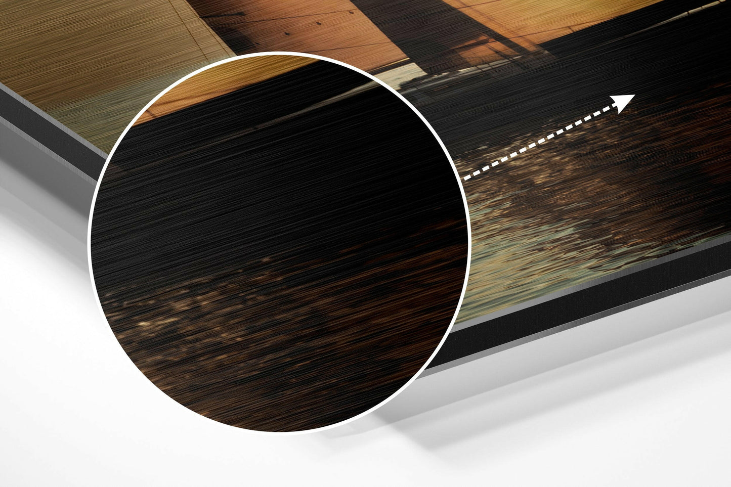 Close-up circular detail of dark brushed wood texture with white border ring against blurred wooden ceiling background.