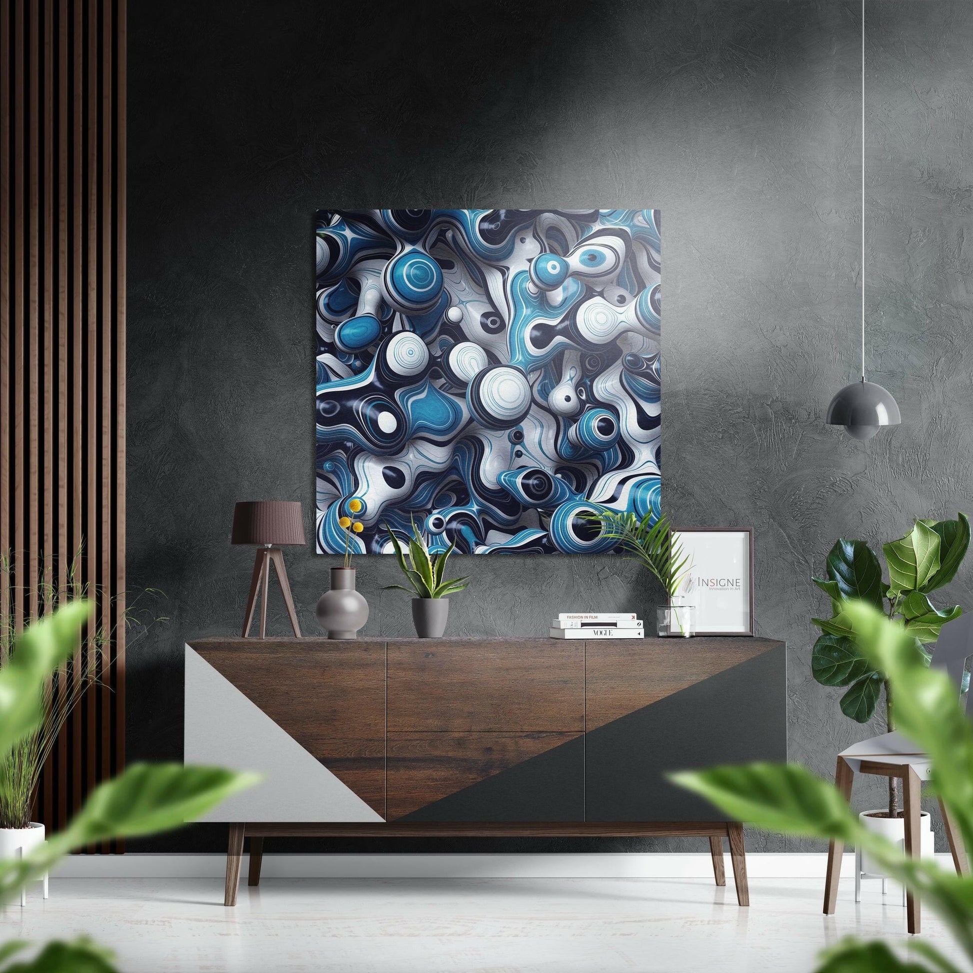 Modern interior setting with Evil Eyes Brushed Aluminium Dibond wall art displaying blue, white, and navy abstract circular patterns mounted above wooden dresser.