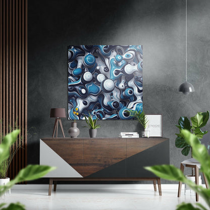 Modern interior setting with Evil Eyes Brushed Aluminium Dibond wall art displaying blue, white, and navy abstract circular patterns mounted above wooden dresser.