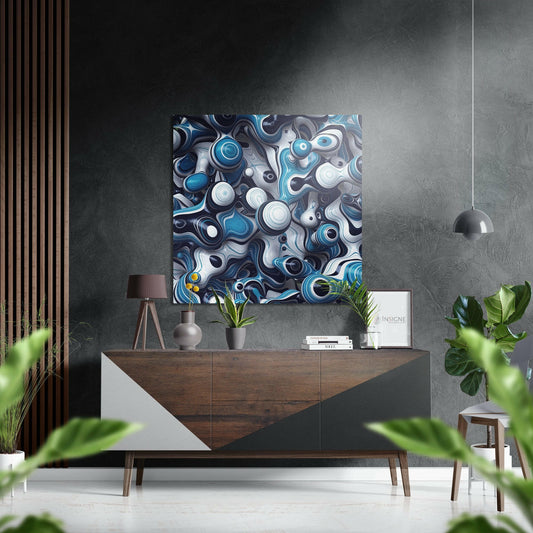 Modern interior setting with Evil Eyes Brushed Aluminium Dibond wall art displaying blue, white, and navy abstract circular patterns mounted above wooden dresser.