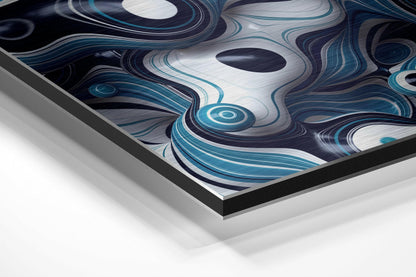Angled close-up view of Evil Eyes brushed aluminum wall art showing swirling teal, navy, and white abstract patterns with circular eye-like motifs.