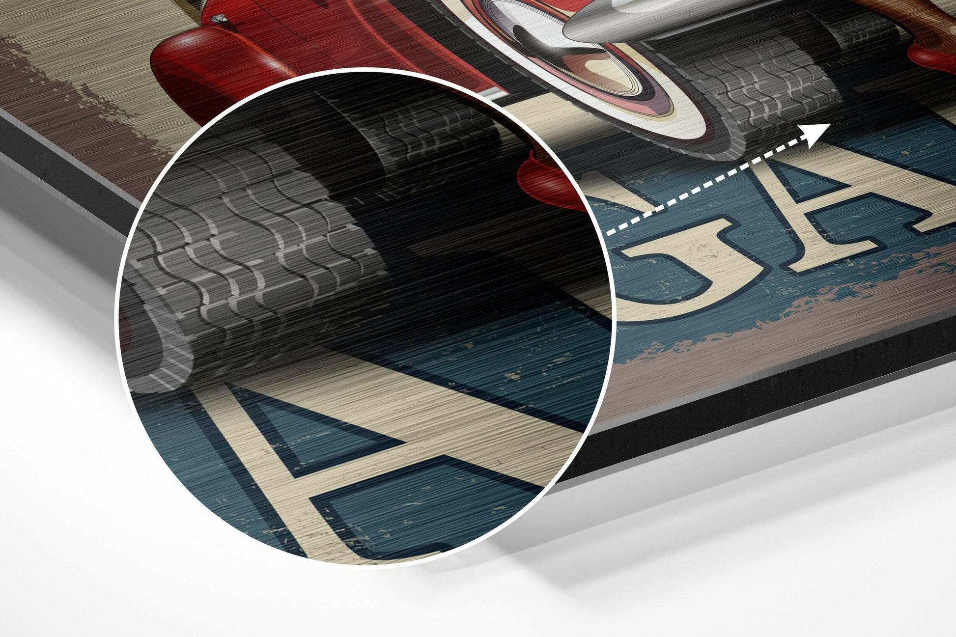 Close-up detail of vintage sneaker design showing red and black shoe with textured sole against blue and cream geometric background on brushed aluminum.