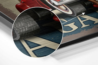 Close-up detail of vintage sneaker design showing red and black shoe with textured sole against blue and cream geometric background on brushed aluminum.