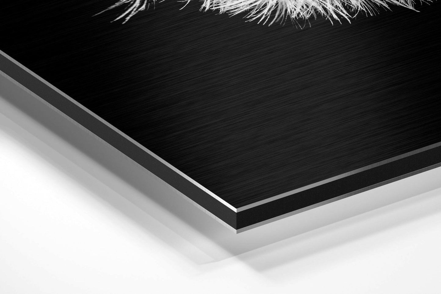 Close-up angled view of layered Dibond wall art showing brushed black aluminum surface with white foam backing and silver edge detail.