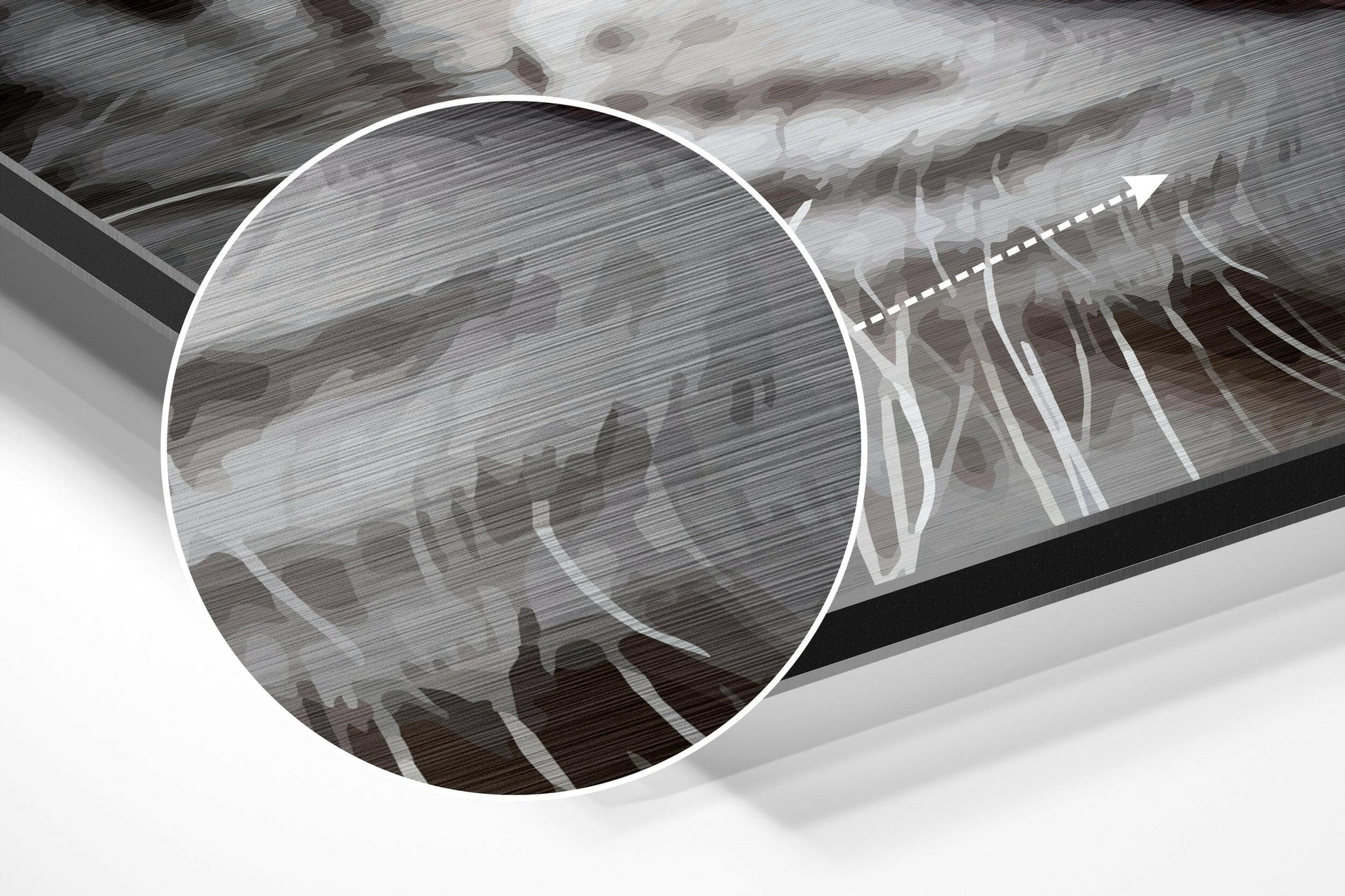 Close-up angled view of brushed aluminum wall art showing white tiger face detail with metallic surface texture and dimensional depth.