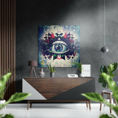 Modern interior featuring "The Eye" abstract wall art with geometric shapes and blue-green tones displayed above a wooden console table.