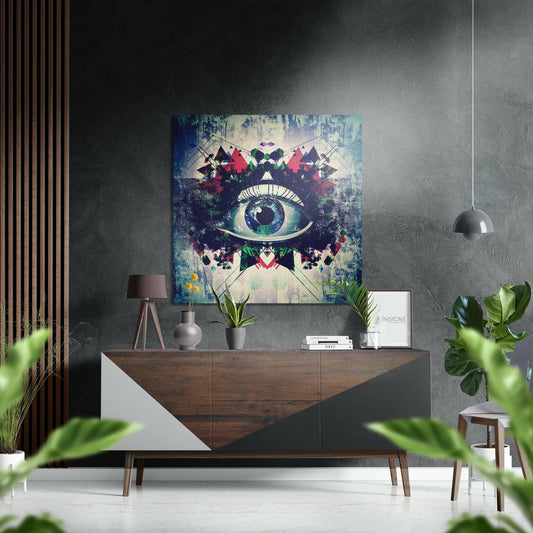 Modern interior featuring "The Eye" abstract wall art with geometric shapes and blue-green tones displayed above a wooden console table.