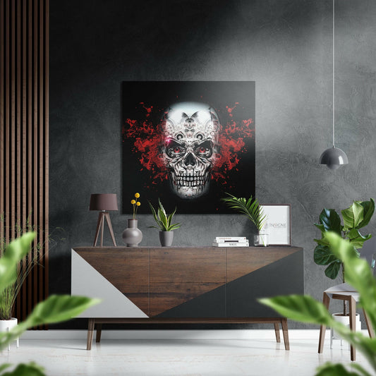 Red splatter skull artwork displayed on gray wall above wooden dresser in modern interior setting with plants and pendant light.