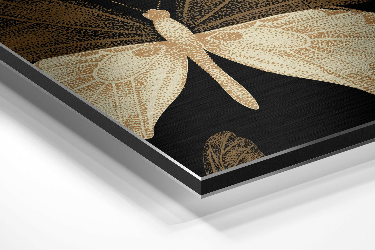 Angled close-up view of brushed aluminium wall art featuring tan and cream butterflies with detailed patterns on black background.