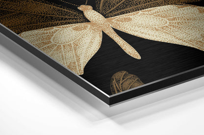Angled close-up view of brushed aluminium wall art featuring tan and cream butterflies with detailed patterns on black background.