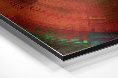 Close-up angled view of brushed aluminum Dibond panel with red, green, and purple textured surface and black border edge.