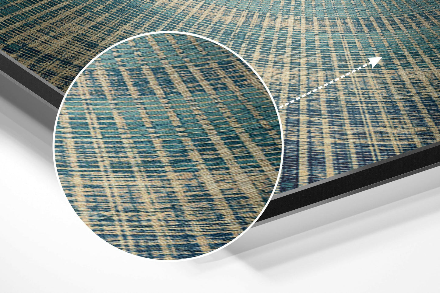 Close-up detail of brushed aluminum Dibond wall art showing teal and cream woven texture pattern with magnified circular view.