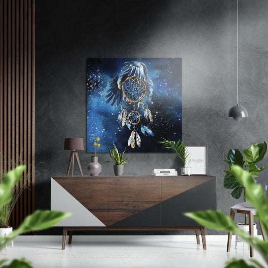 Modern living room interior featuring a blue dreamcatcher wall art displayed above a wooden console table with décor.