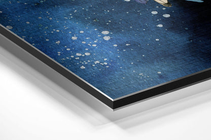 Close-up angled view of Dreamcatcher brushed aluminum Dibond wall art showing blue textured surface with white circular bokeh details and black edge trim.