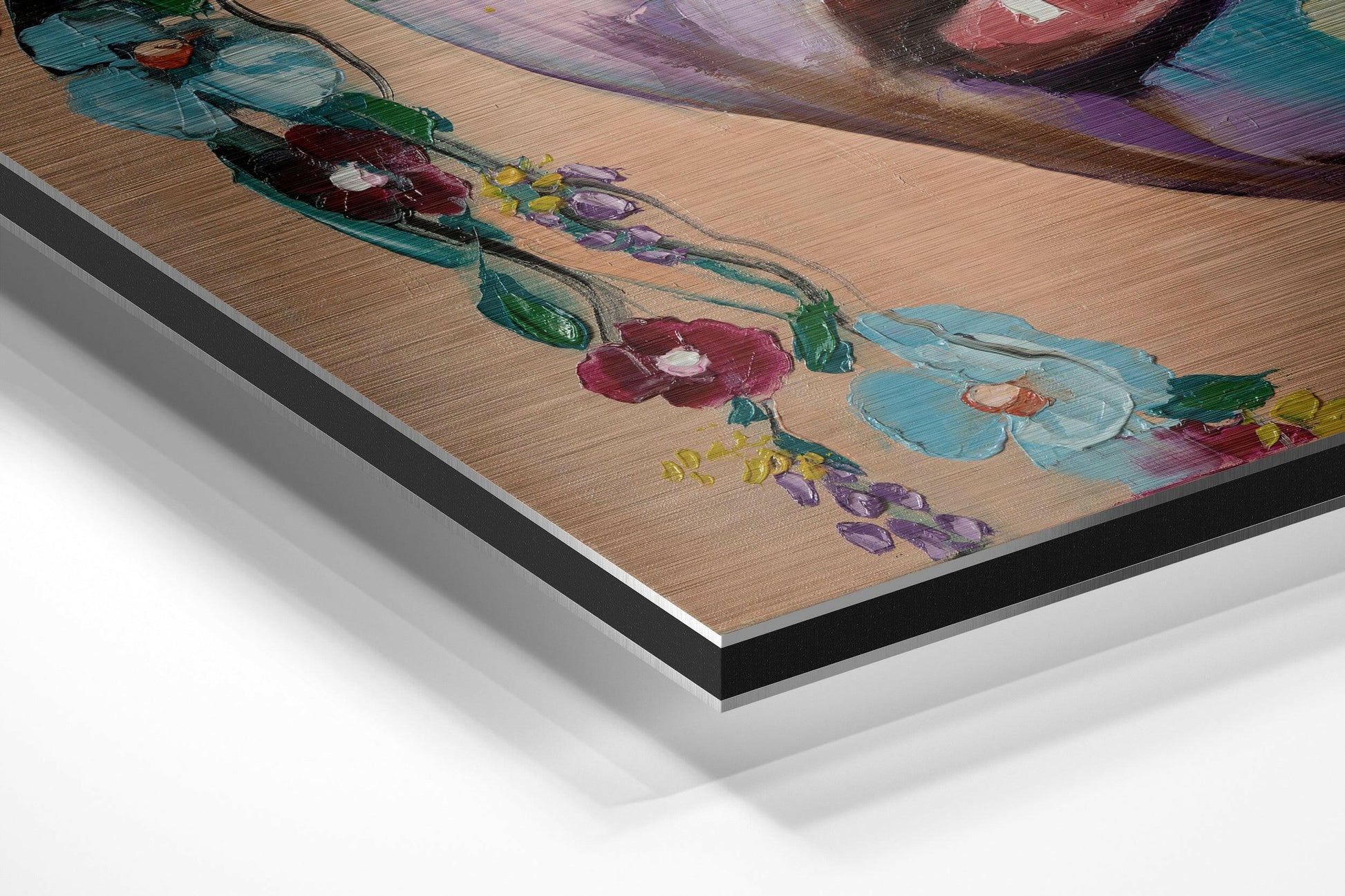 Close-up angled view of Woman of Flowers wall art showing colorful painted flowers on wood-grain surface with black and silver aluminum frame edges.