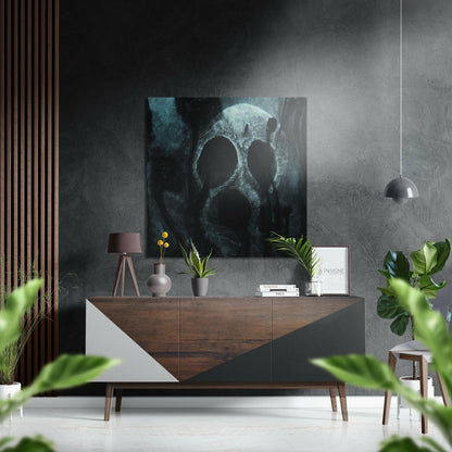 Dark skull artwork displayed above a mid-century modern wooden dresser in a contemporary gray interior with plants and pendant lighting.