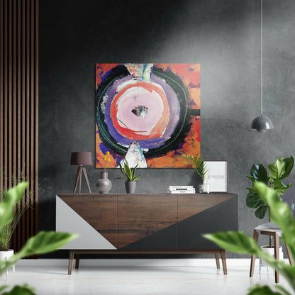 Modern interior with abstract circular artwork featuring red, purple, and black concentric circles displayed above a wooden console table with plants and pendant lighting.