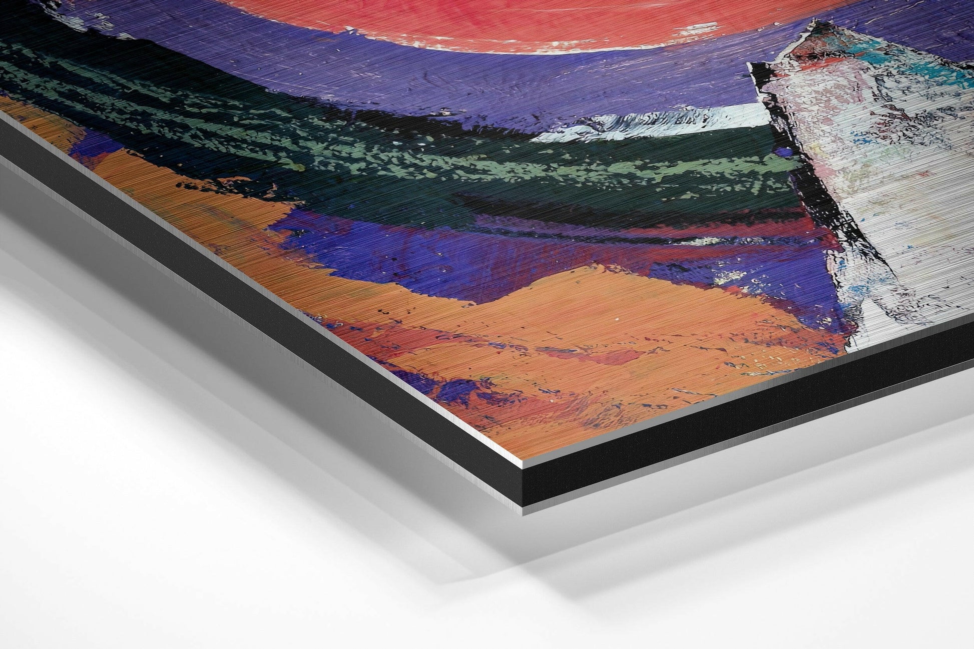 Close-up angle view of layered Dibond panel showing multicolored abstract brushstrokes in blue, orange, purple, and green with visible edge profile.