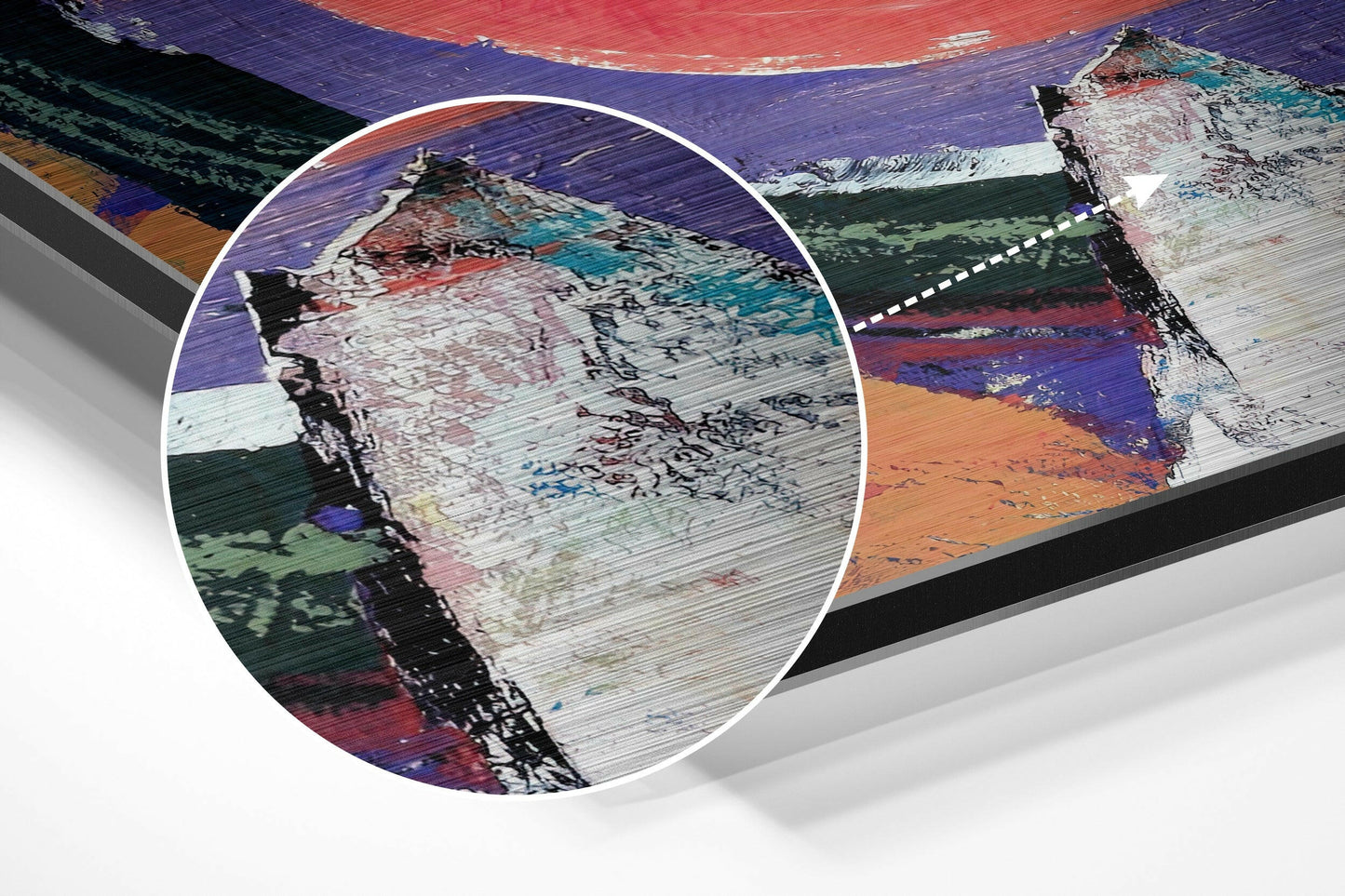 Close-up detail shot showing layered brushed aluminium surface with multicolored abstract paint strokes in purple, red, orange, and teal.