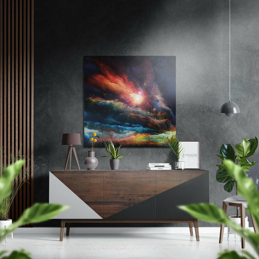 Vibrant abstract artwork featuring red, orange, and blue cosmic swirls displayed on gray wall above wooden dresser in modern interior.