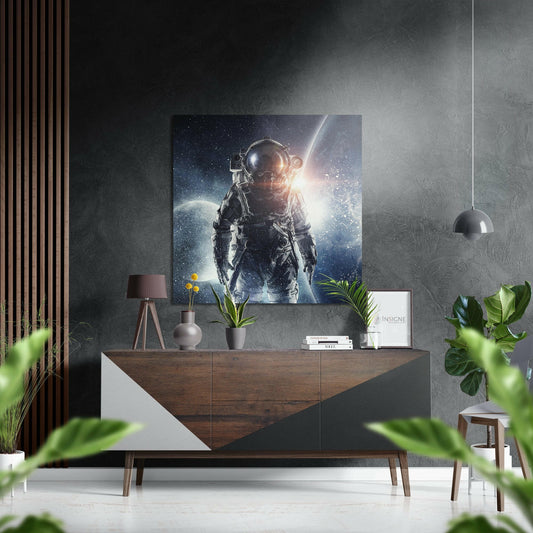 Modern living room interior featuring astronaut in space suit artwork displayed above wooden dresser with plants and decor.