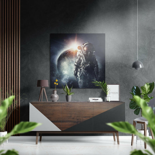 Astronaut wall art displayed above wooden dresser in modern room with plants, lamp, and decorative items.