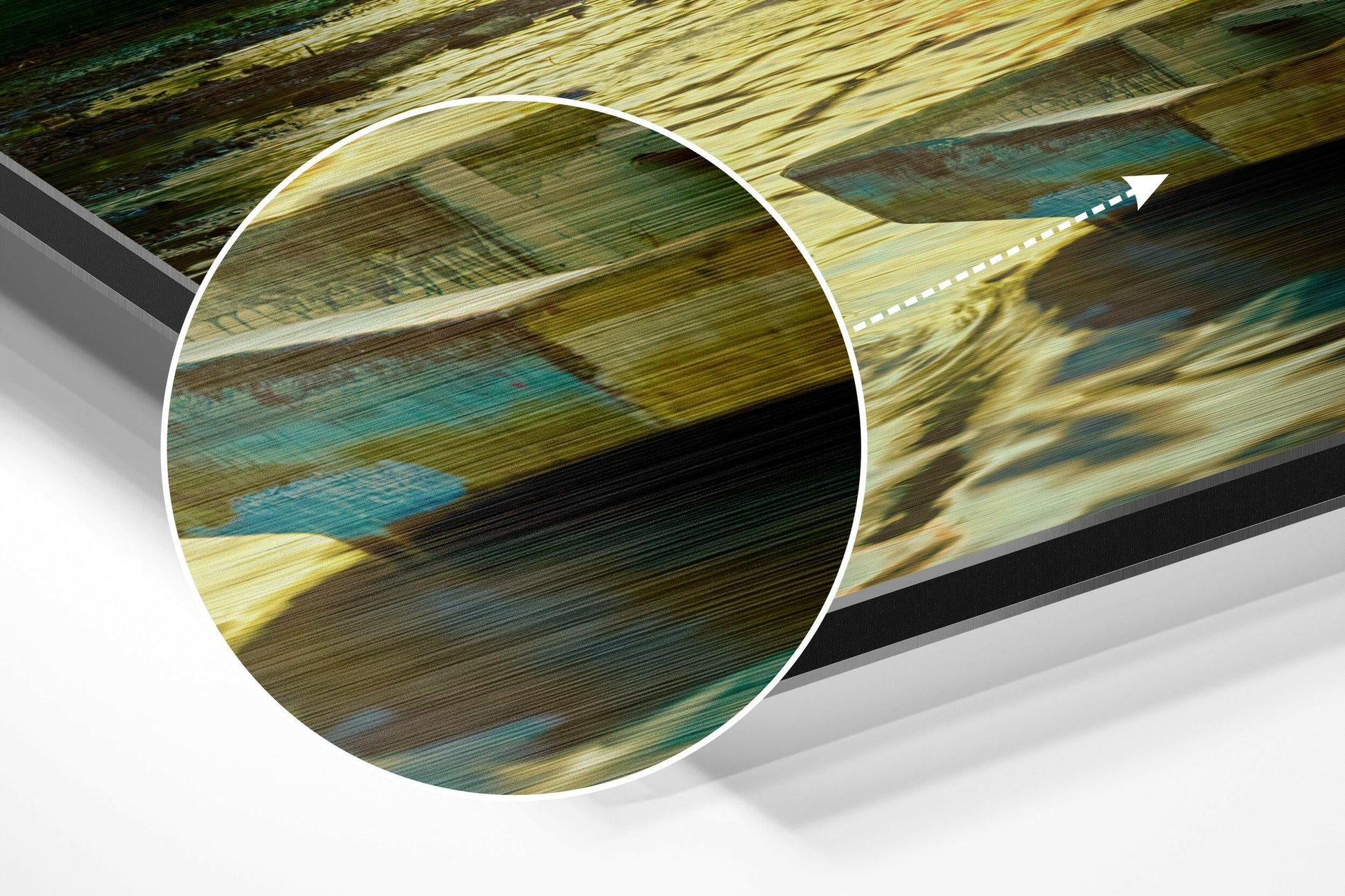 Close-up cross-section view of rolled brushed aluminum dibond panel showing layered striped pattern in gold, turquoise, and dark tones.