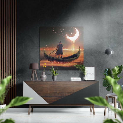 Boatman Under Melting Crescent Moon Brushed Aluminium Dibond Wall Art