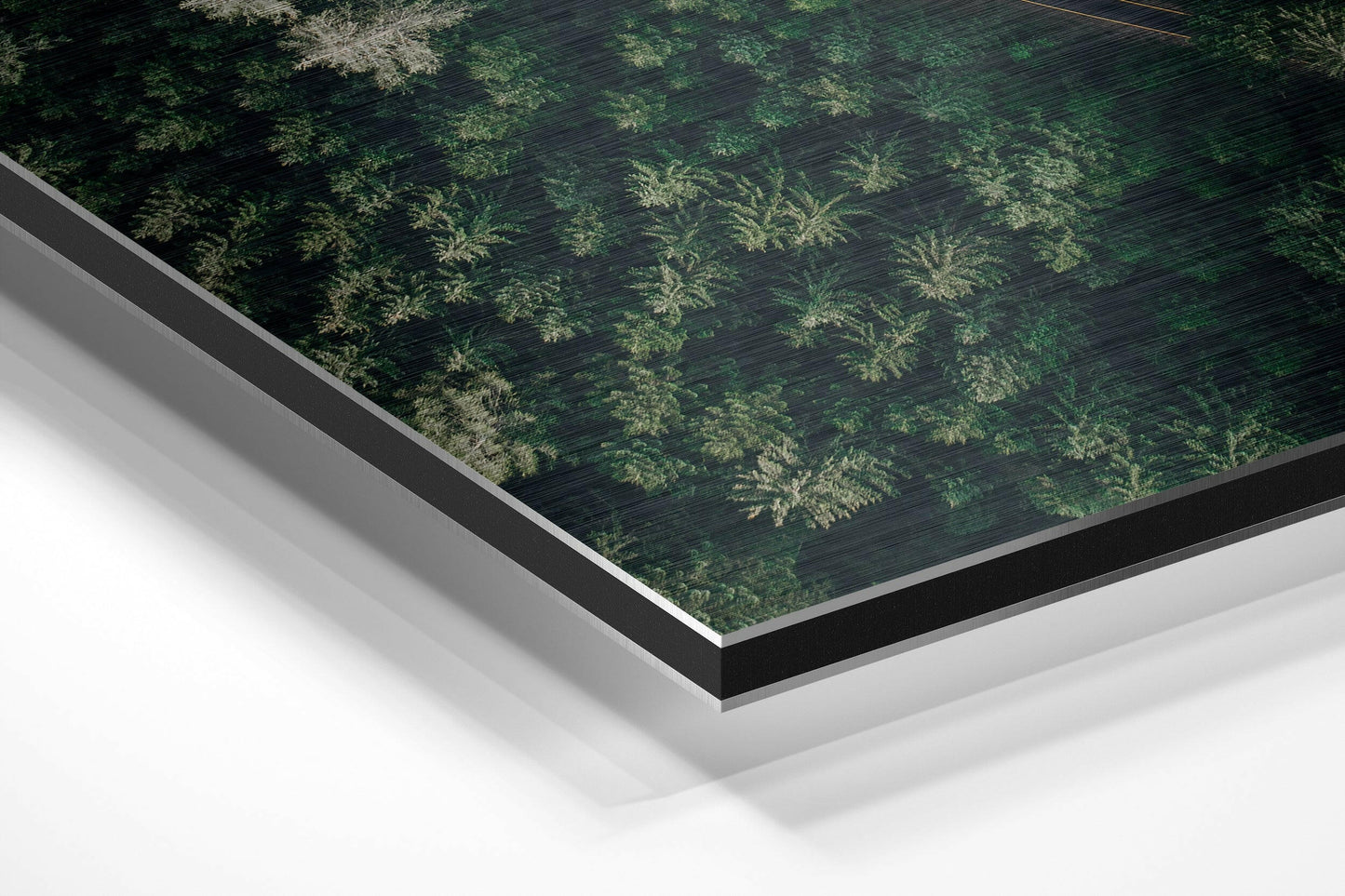 Angled view of brushed aluminum Dibond panel featuring fifty shades of green fern patterns on dark wood texture background.