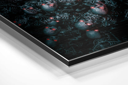 Angled perspective view of brushed aluminium Dibond wall art displaying dark teal androids with glowing red eyes on black background.