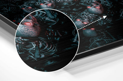 Close-up detail view of brushed aluminum surface showing dark teal textured finish with glowing red circular elements and circuit-like patterns.