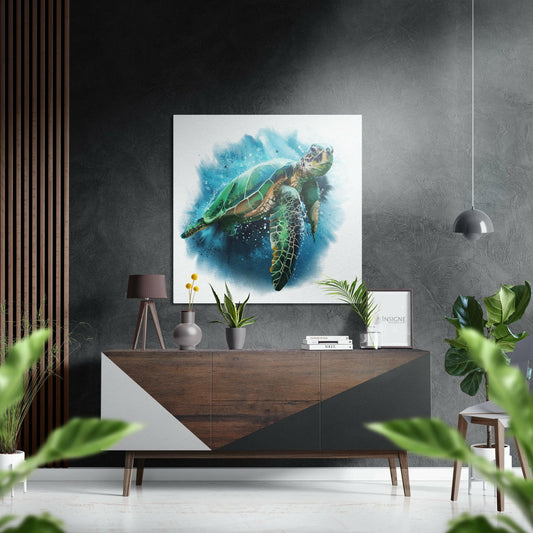 Sea turtle artwork displayed above wooden dresser in modern interior with potted plants and pendant light.