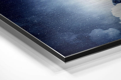 Close-up angled view of layered Dibond wall art showing dark blue starry night sky surface with silver aluminum edge and white backing layers.