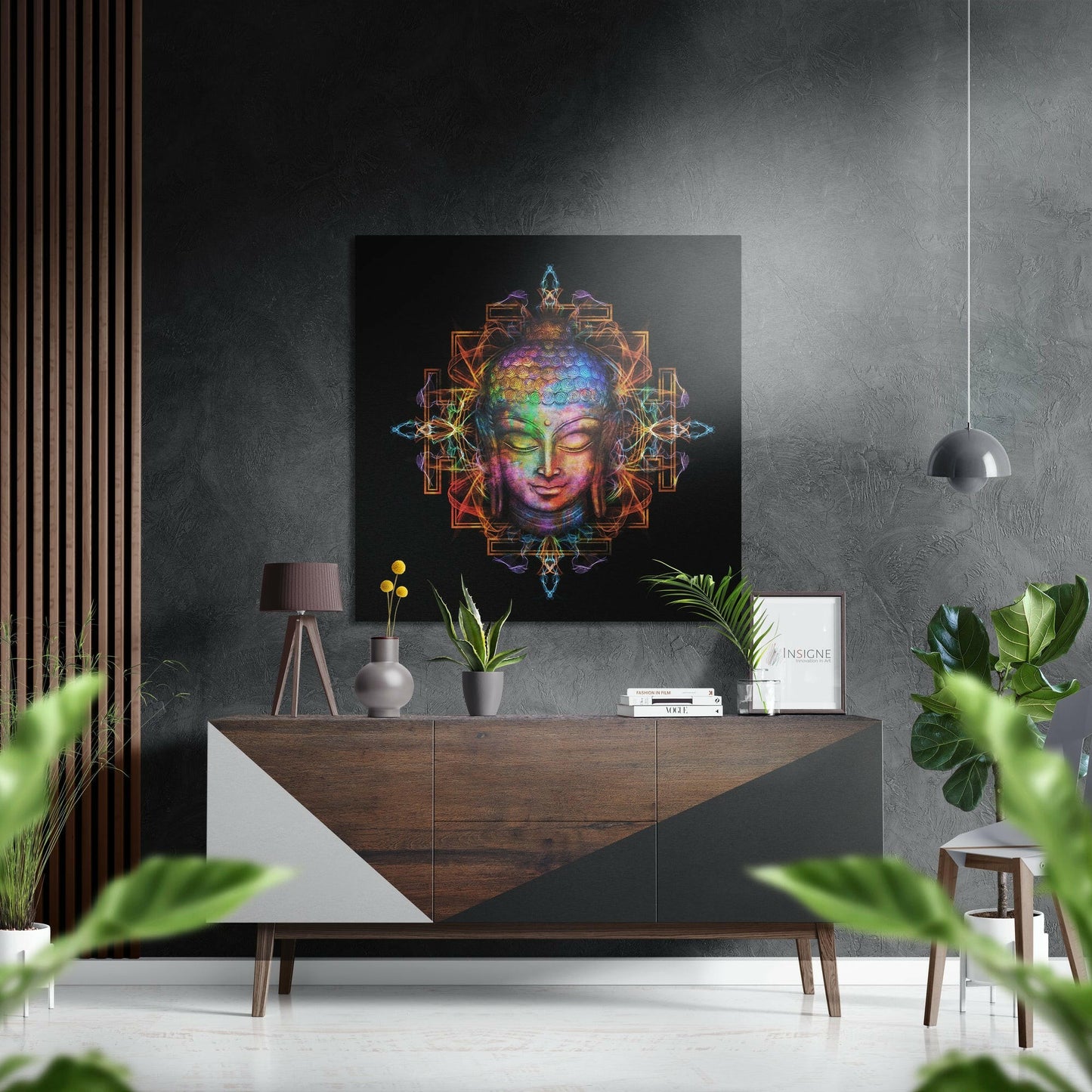 Neon Mandala Buddha Head on Black Brushed Aluminium Dibond Wall Art