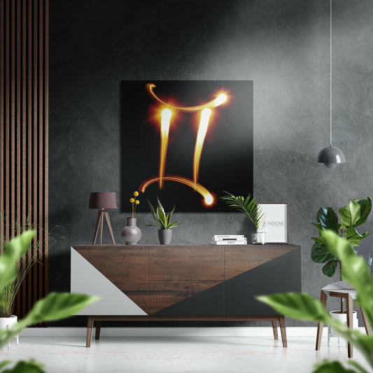 Modern interior with glowing neon Gemini symbol artwork displayed above wooden dresser with potted plants and décor.