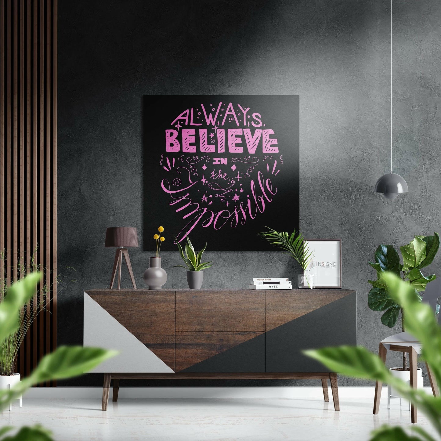 Pink Lettering Believe Quote on Black Brushed Aluminium Dibond Wall Art