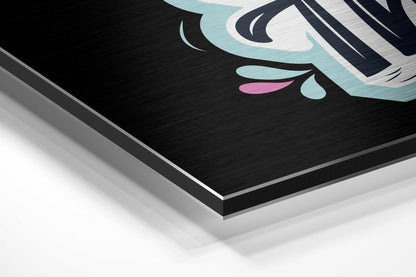 Angled close-up of brushed black aluminium dibond panel with turquoise, white, and pink abstract design detail in top corner.