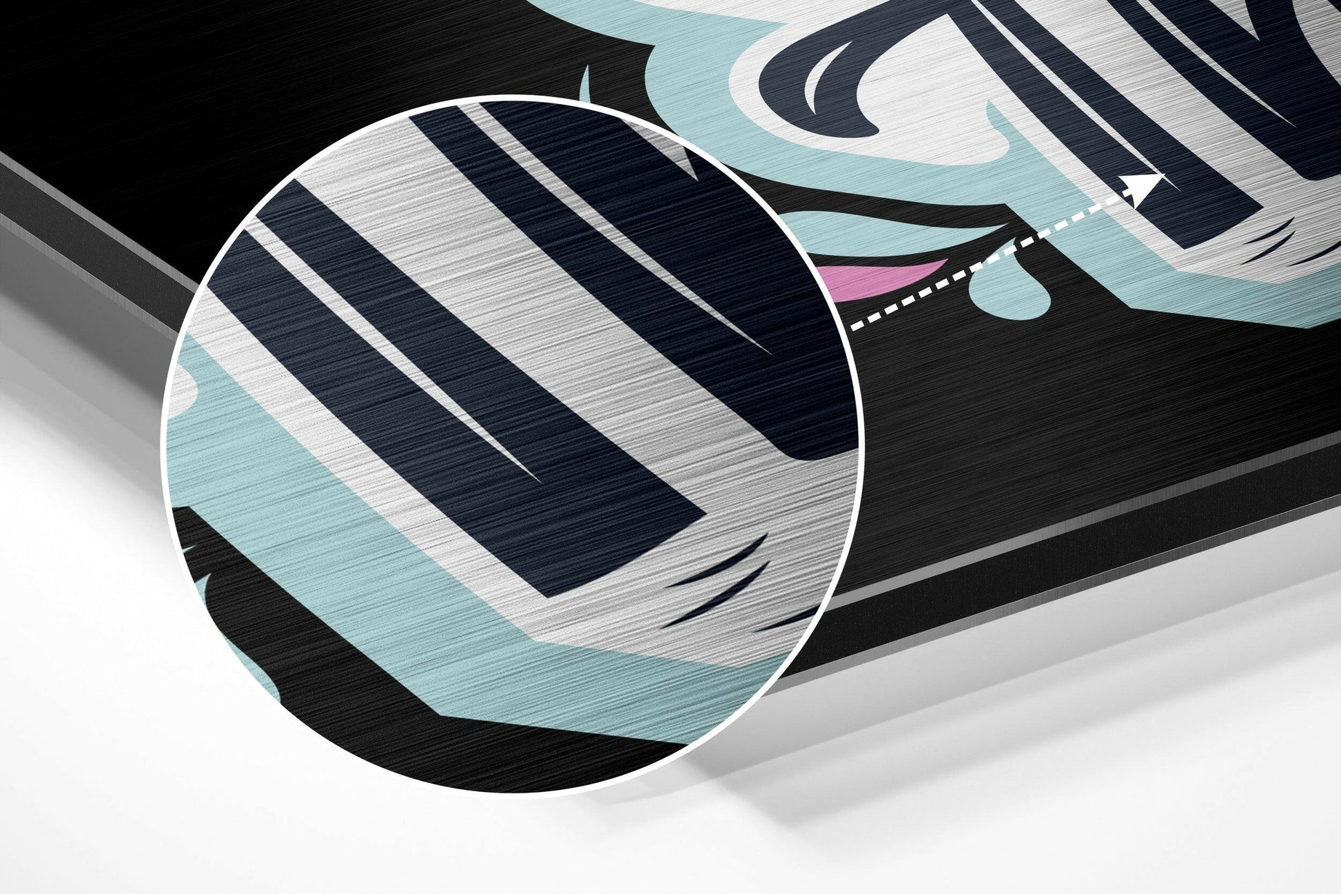 Close-up angled view of brushed aluminum wall art showing diagonal striped pattern in black, white, and turquoise with pink accent detail.
