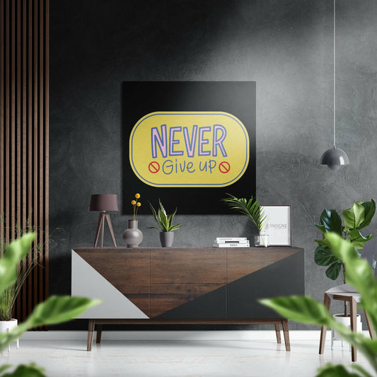 Yellow neon badge with purple "NEVER" and red "GIVE UP" text displayed above wooden console in modern interior setting.