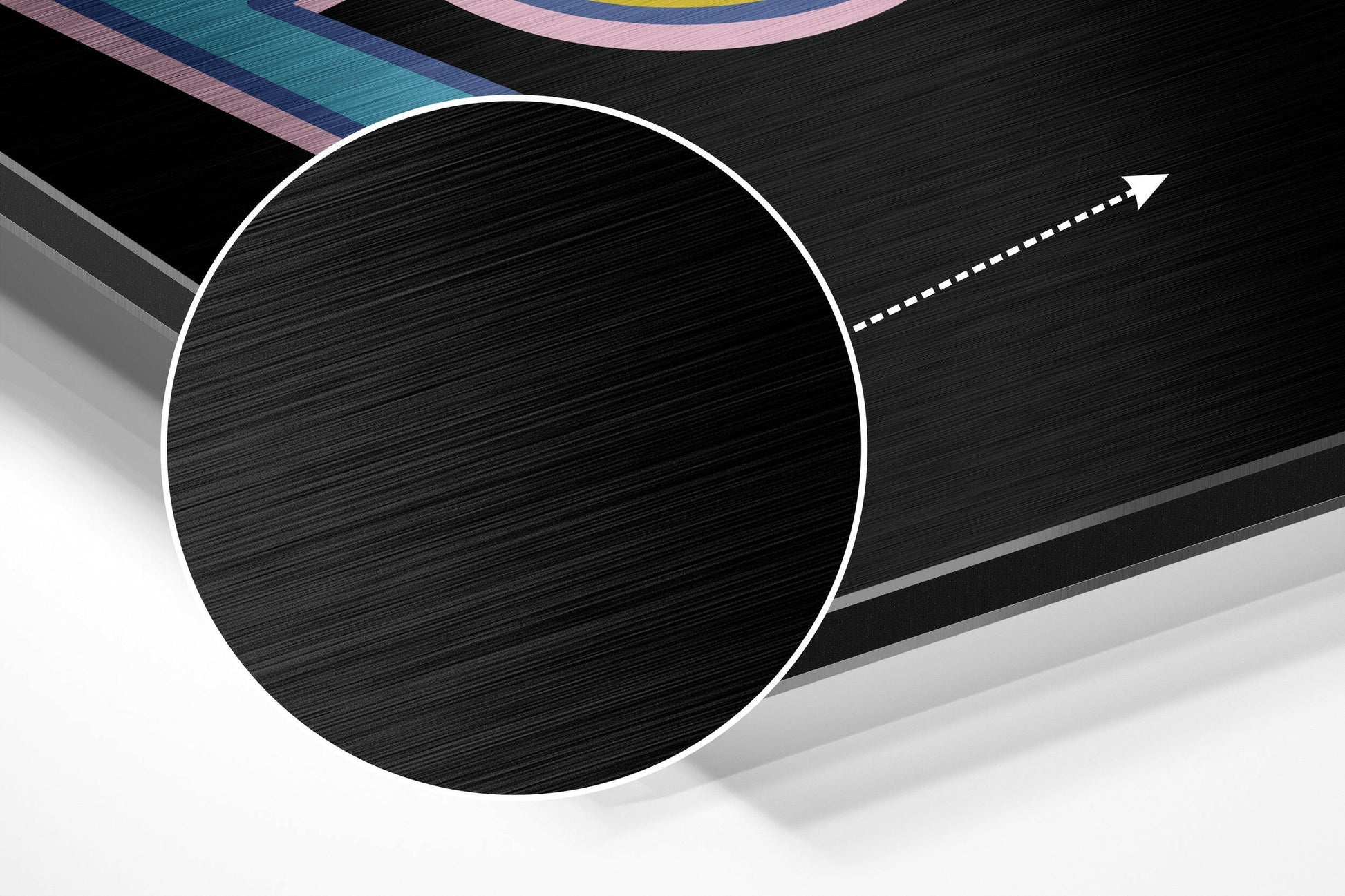 Three-dimensional perspective view of brushed aluminum wall art featuring a large black circle with white outline and directional arrow against layered geometric planes.