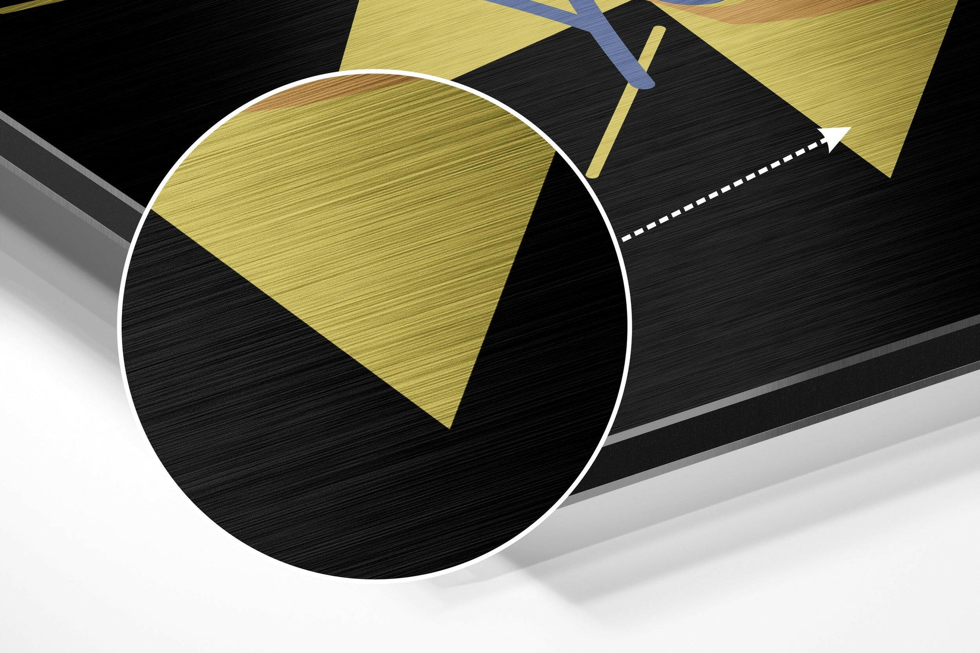Three-dimensional perspective view of brushed aluminum wall art featuring yellow geometric shapes and black background with white circle outline.