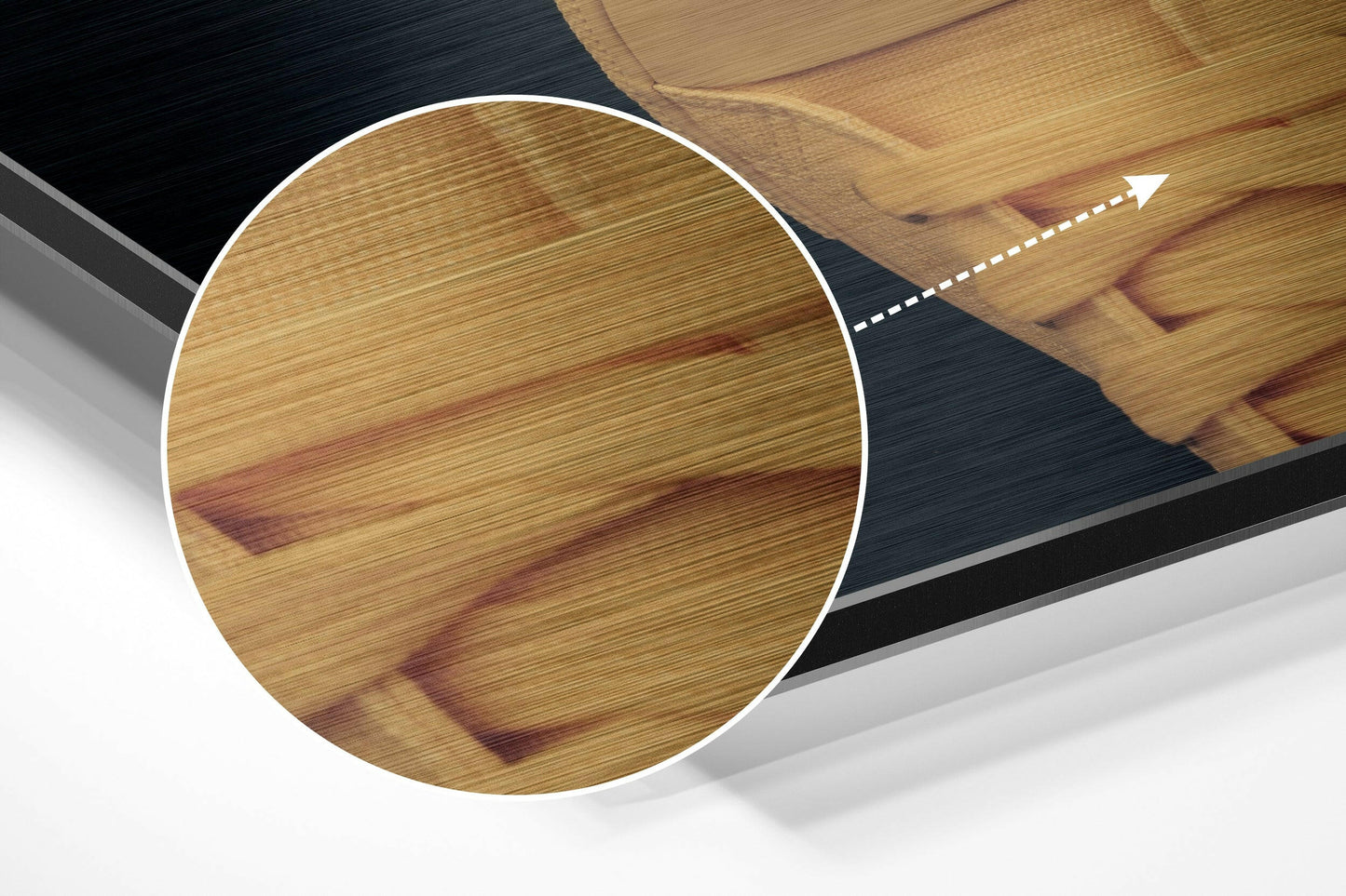 Close-up detail shot showing wood grain texture and brushed aluminum edge of circular wall art panel.