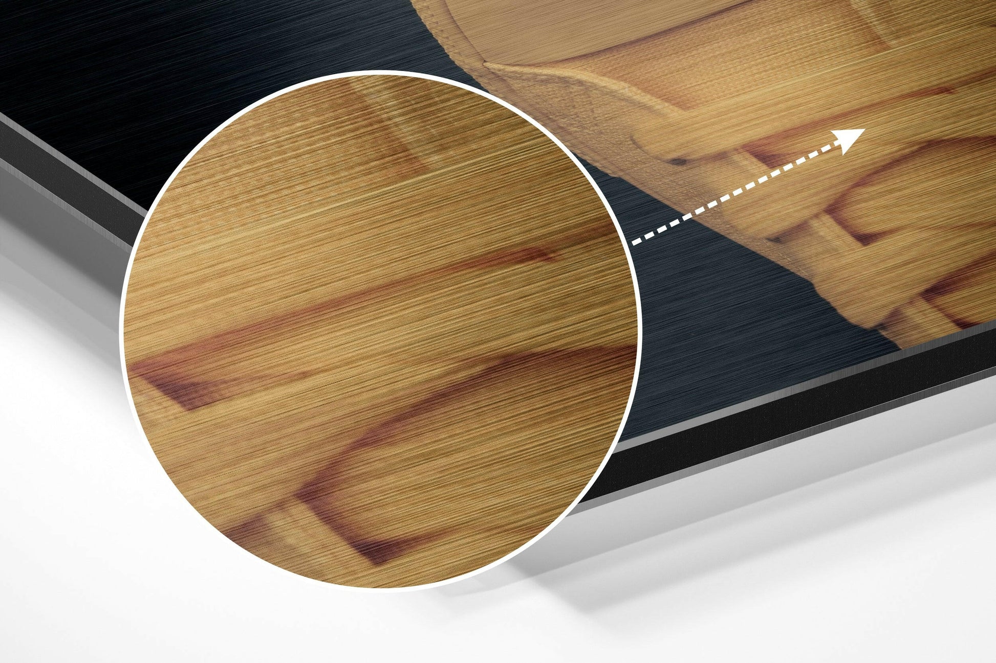 Close-up detail shot showing wood grain texture and brushed aluminum edge of circular wall art panel.