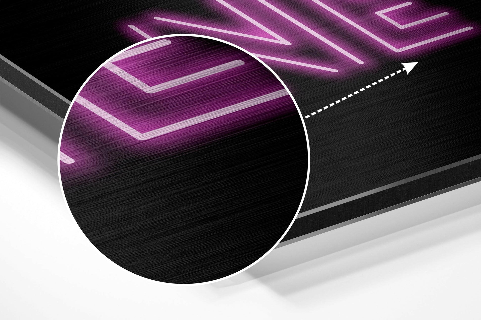 Modern wall art print on brushed aluminum with purple neon chevron pattern and white border circle, angled perspective view.