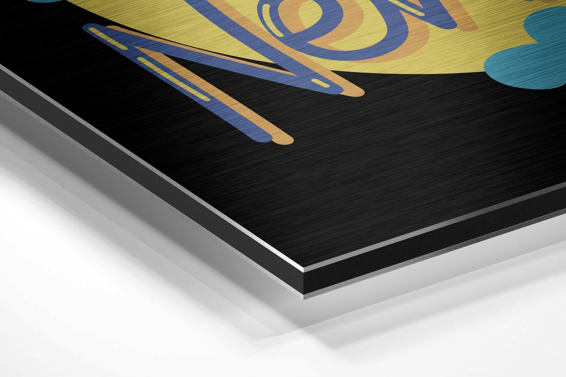 Close-up angled view of layered brushed aluminium and white backing of "Today is a New Day" wall art with colorful yellow, blue, and teal abstract design.