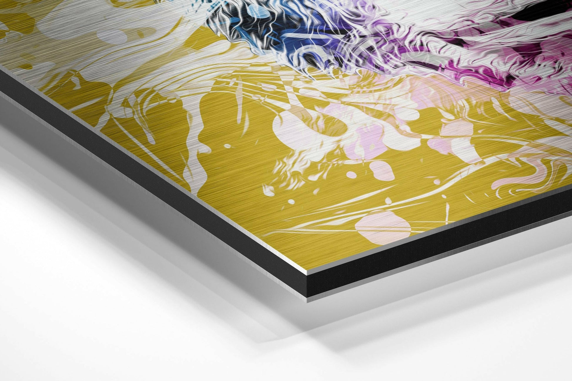 Close-up angled view of brushed aluminium Dibond wall art showing layered edges with yellow, blue, and purple fluid abstract artwork on textured surface.