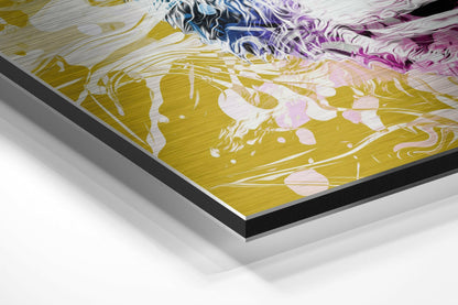 Close-up angled view of brushed aluminium Dibond wall art showing layered edges with yellow, blue, and purple fluid abstract artwork on textured surface.
