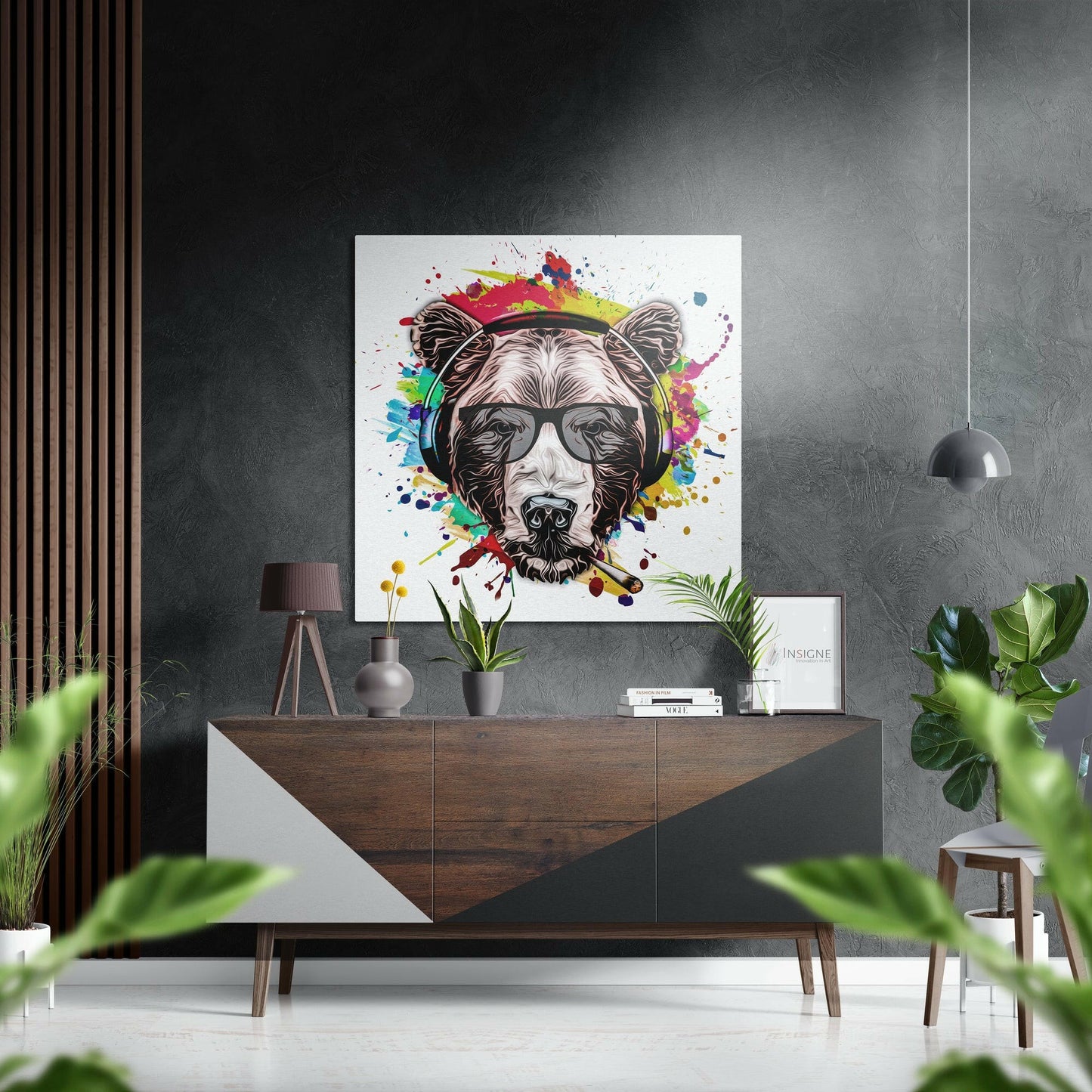 Modern interior with colorful pop art dog portrait on wall above wooden console table with plants and pendant light.